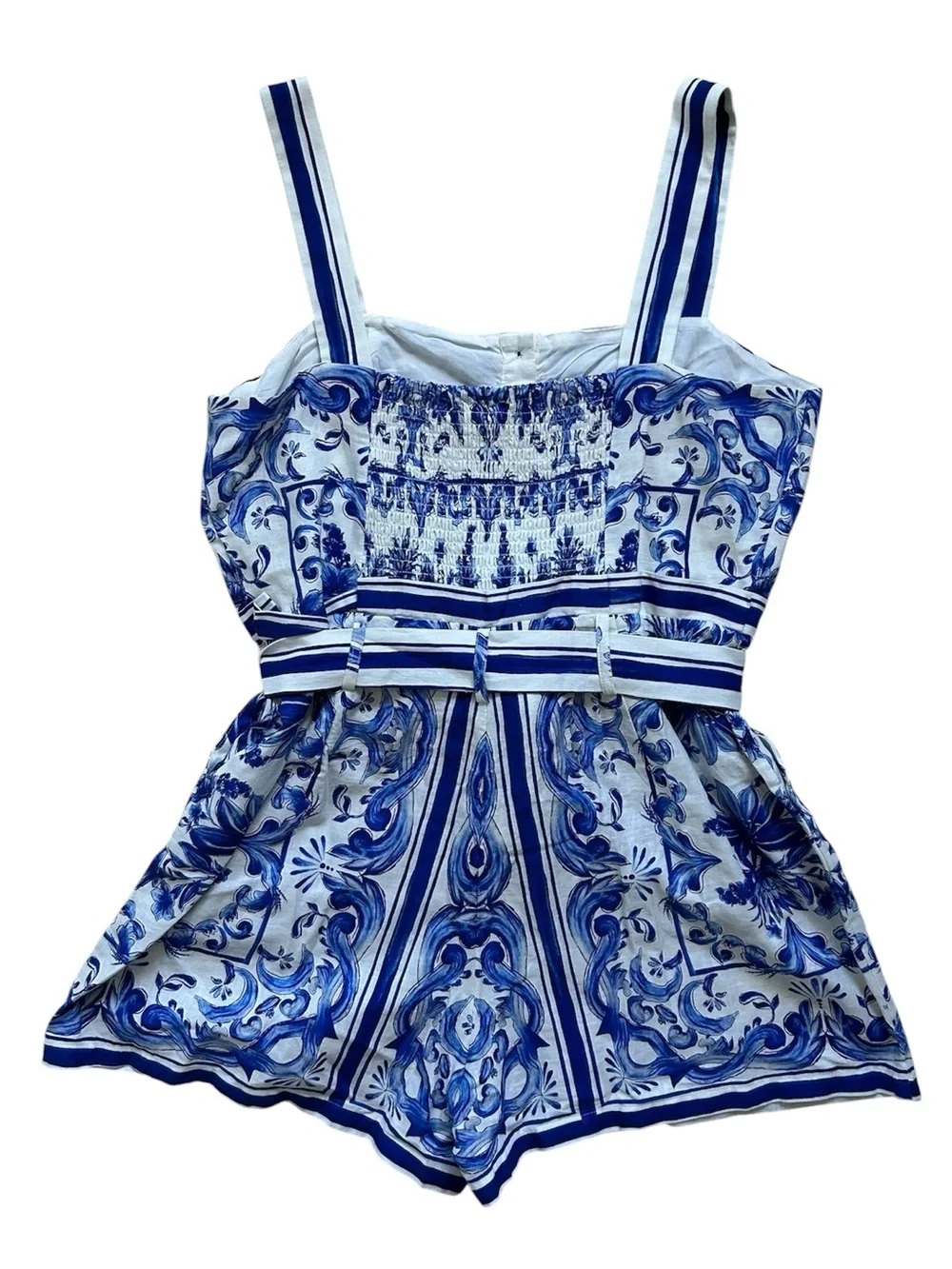 FARM Rio Garden Tiles Tie Belt Button Front Linen Blend Romper Size Large NWT - Picture 7 of 10